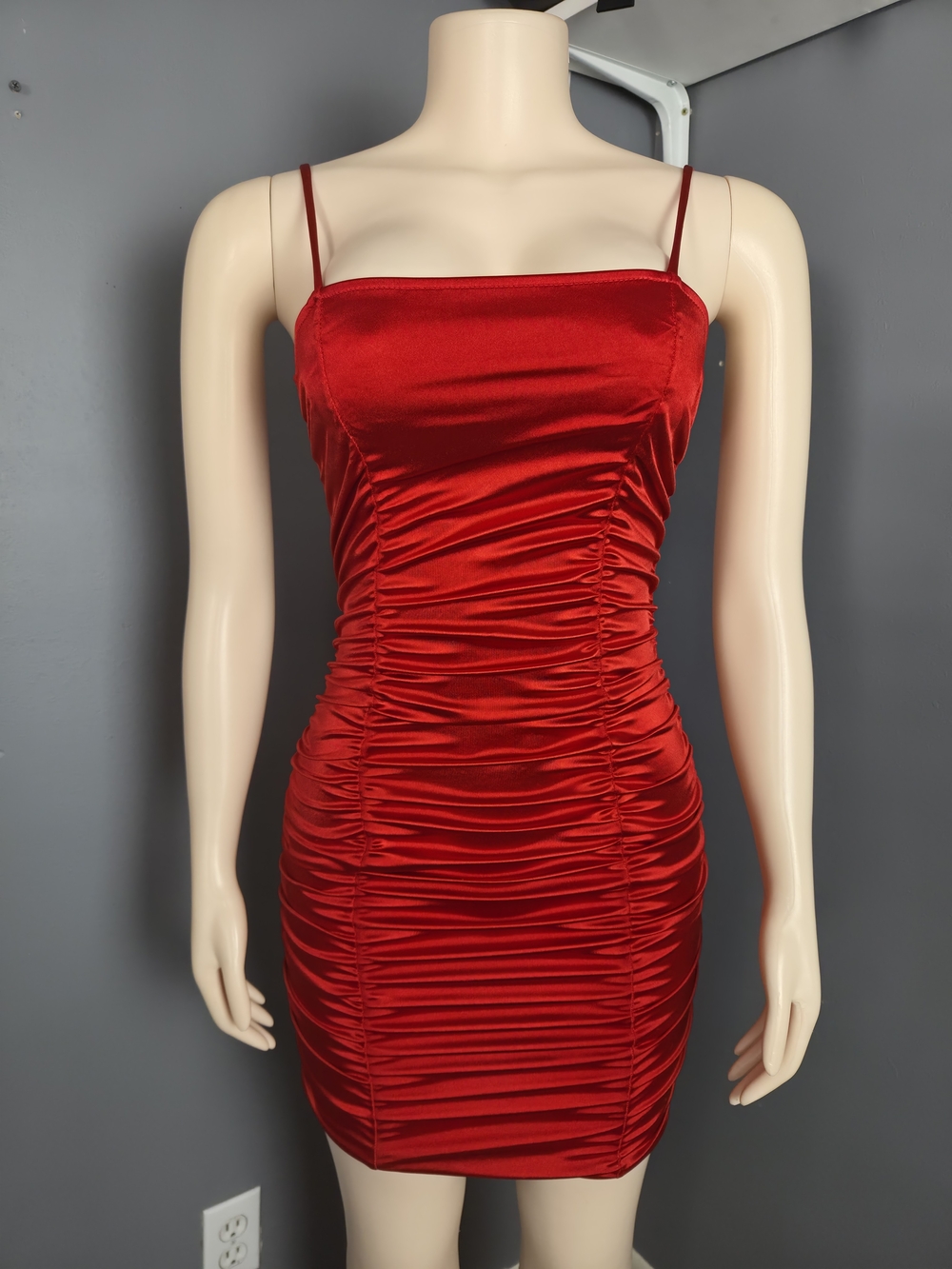 Red Ruched Velvet Mini Dress with Spaghetti Straps
